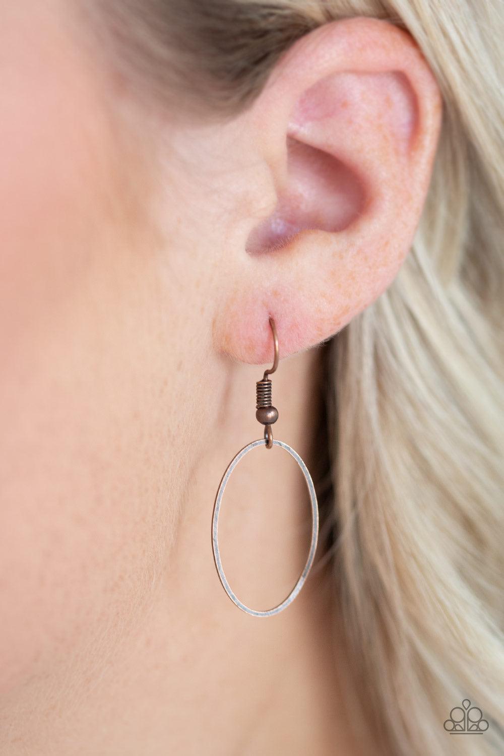 Paparazzi Accessories All OVAL Town - Copper Varying in size, a collection of oval frames swing from the bottom of a strand of double-linked oval frames, creating a casual pendant below the collar. Features an adjustable clasp closure. Jewelry