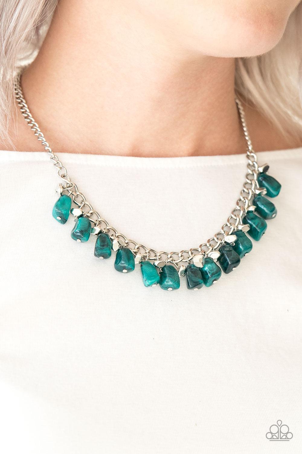 Paparazzi Accessories Rocky Shores - Green Faceted silver and green faux-rock beading trickle from the bottom of a bold silver chain, creating a colorful fringe below the collar. Features an adjustable clasp closure. Jewelry