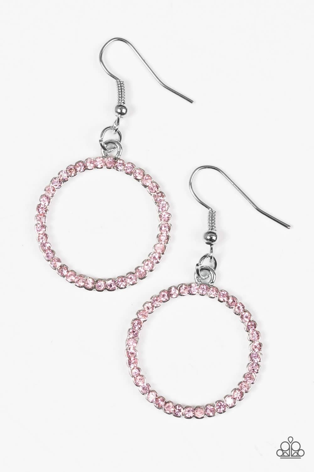 Paparazzi Accessories Champagne CHIC - Pink Glittery pink rhinestones are encrusted along a shimmery silver hoop, creating a bubbly lure. Earring attaches to a standard fishhook fitting. Jewelry