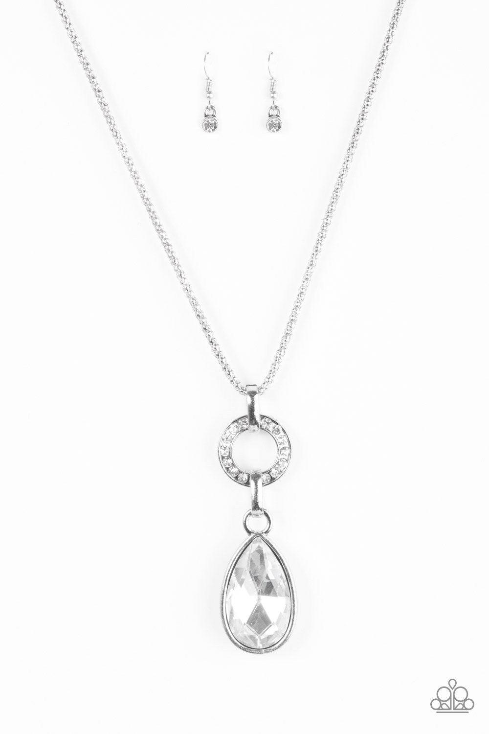 Paparazzi Accessories Lookin’ Like A Million - White Encrusted in glittery white rhinestones, a shimmer silver ring gives way to a dramatic glassy white teardrop. The impressive pendant slides along a shimmer silver popcorn chain for a refined look. Featu