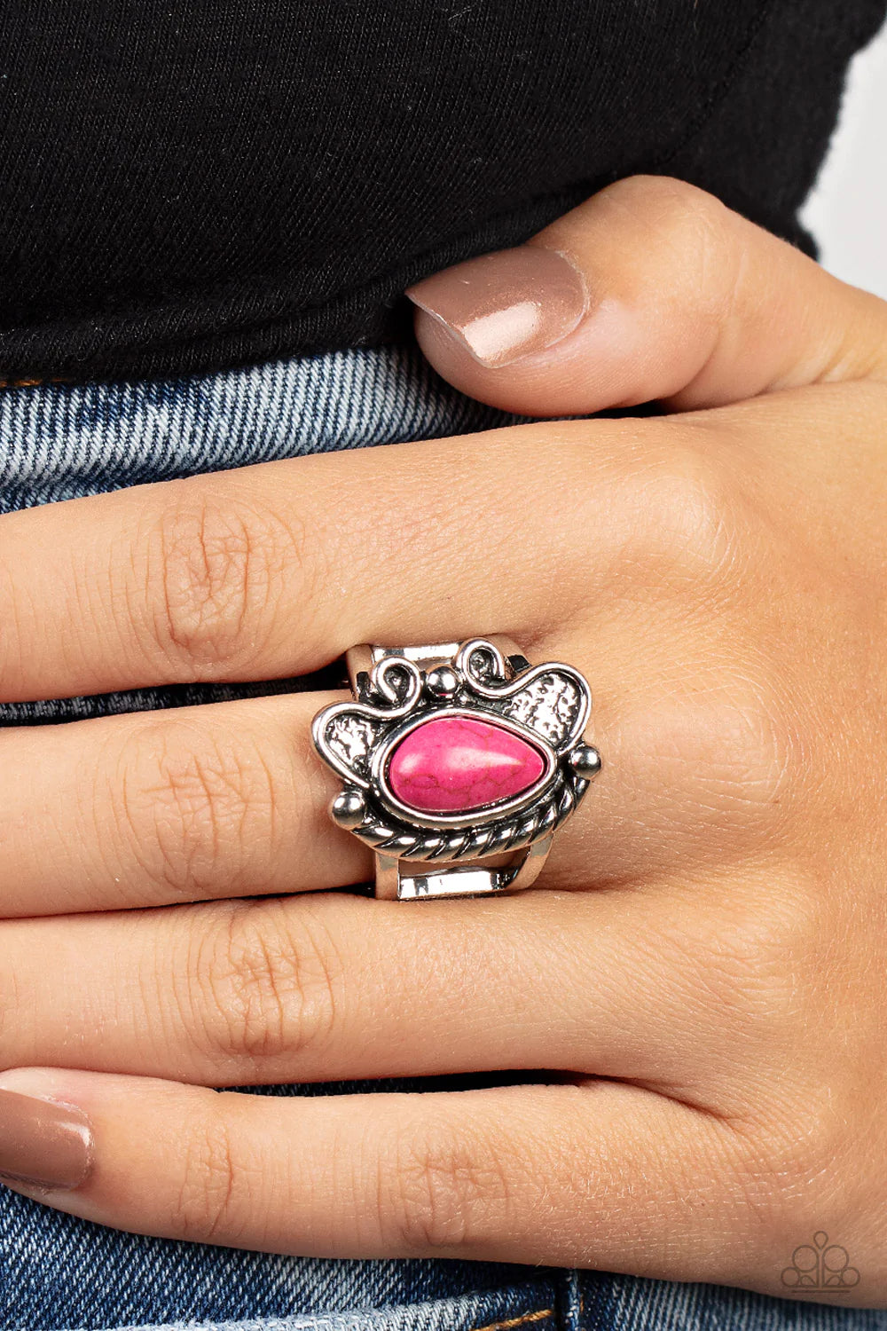 Paparazzi Accessories Mesa Meditation - Pink Antiqued silver texture combines with rope and studded accents to create a swirling frame. A pink asymmetrical teardrop stone nestles inside, culminating in an artisan-inspired ensemble atop the finger. Feature
