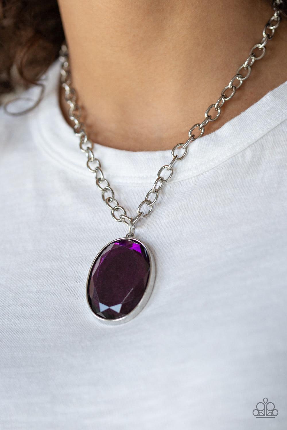 Paparazzi Accessories Light As Heir - Purple Featuring a sleek silver frame, an oversized oval gem swings below the collar for a dramatically glamorous look. Features an adjustable clasp closure. Jewelry