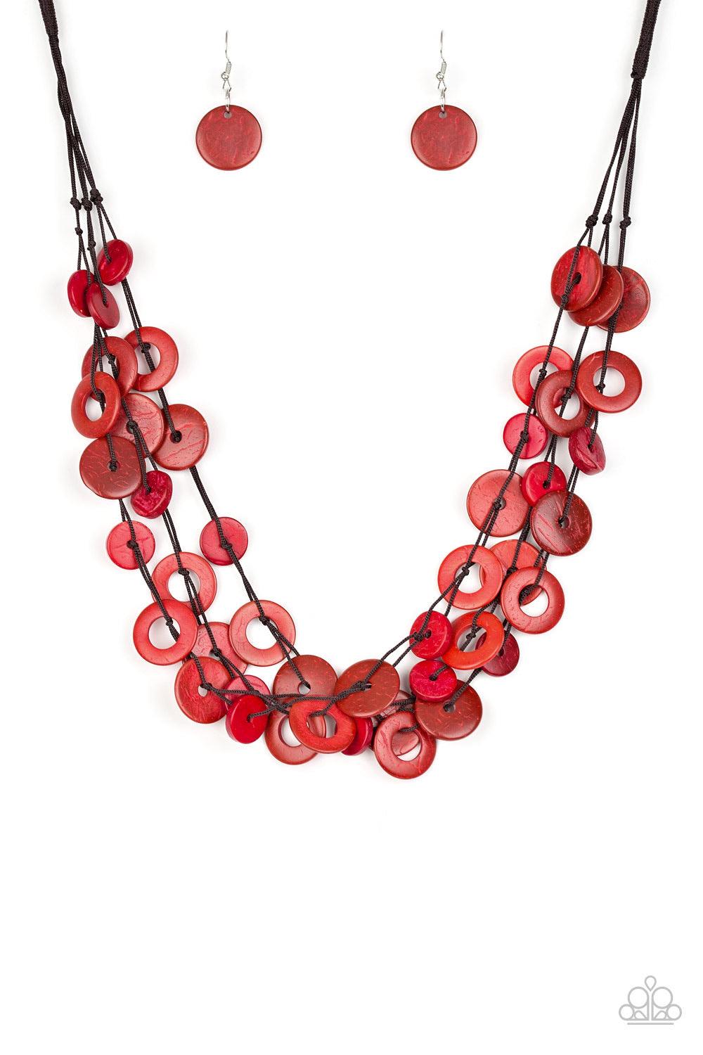 Paparazzi Accessories Wonderfully Walla Walla - Red Shiny brown cording knots around mismatched red wooden beads, creating vivacious layers. Features a button loop closure. Jewelry