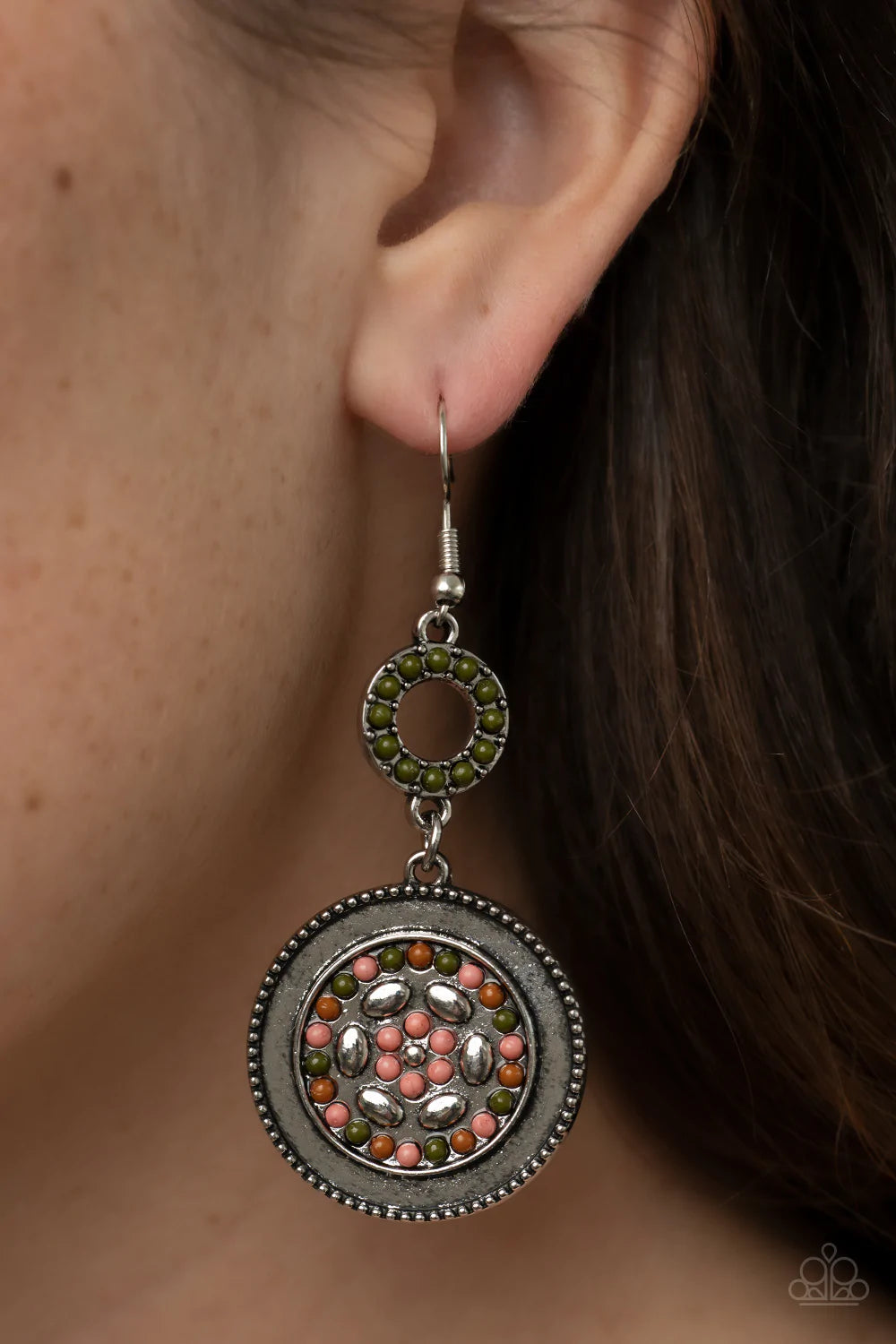 Paparazzi Accessories Meadow Mantra - Multi Dotted in dainty Olive Branch seed beads, a dainty silver hoop links to an ornate silver disc dotted in Adobe, Pale Rosette, and Olive Branch beads for colorful floral finish. Earring attaches to a standard fish