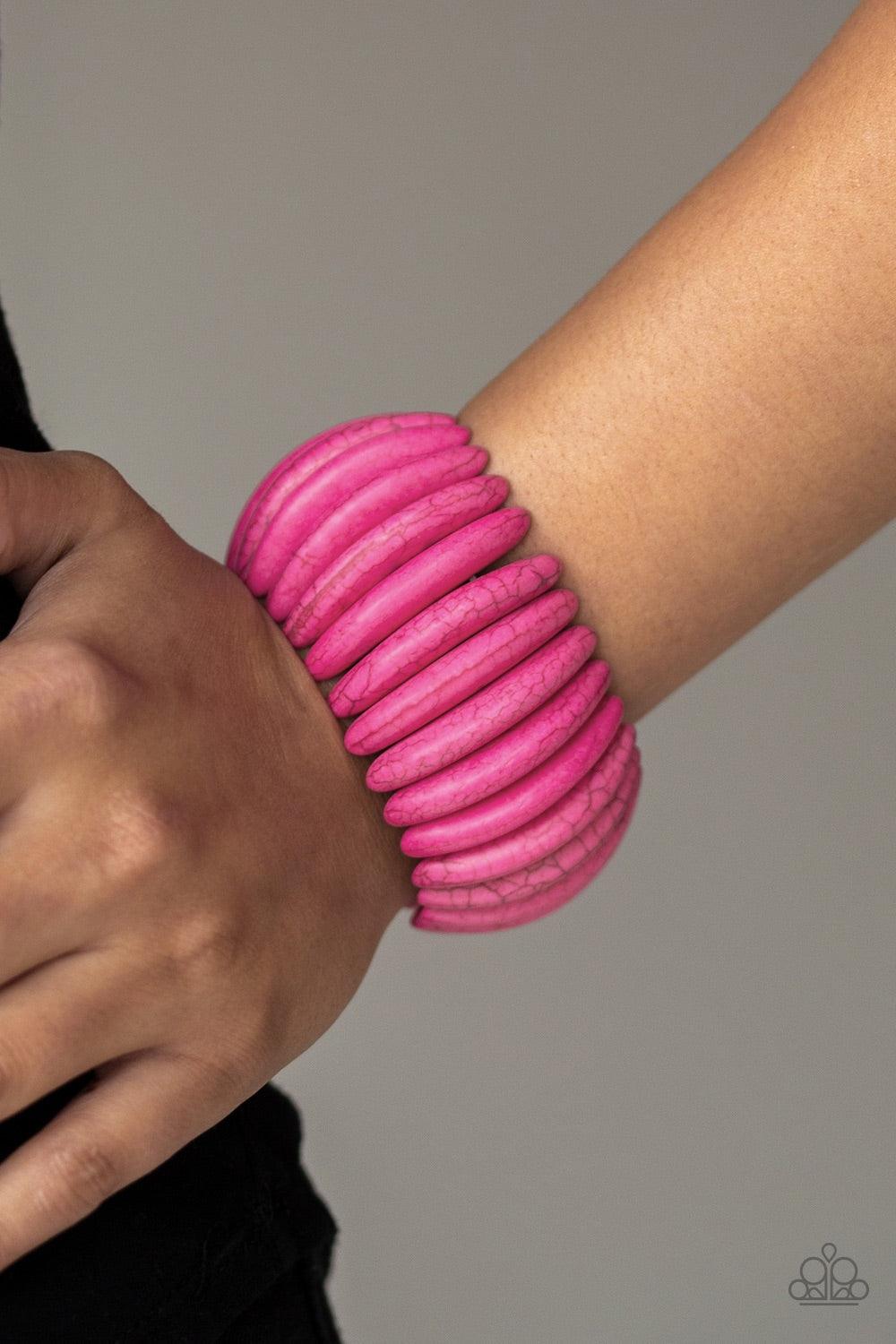 Paparazzi Accessories Naturally Nomad - Pink Chiseled into earthy crescent shapes, vivacious pink stones are threaded along stretchy bands around the wrist for an artisan inspired look. Jewelry