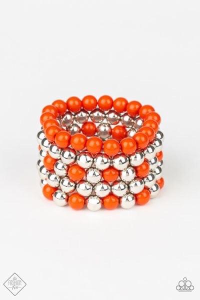 Paparazzi Accessories Pop-You-lar Culture ~Orange A bubbly collection of shiny silver and polished orange beads are threaded along stretchy bands that wrap around the wrist, creating colorful layers.