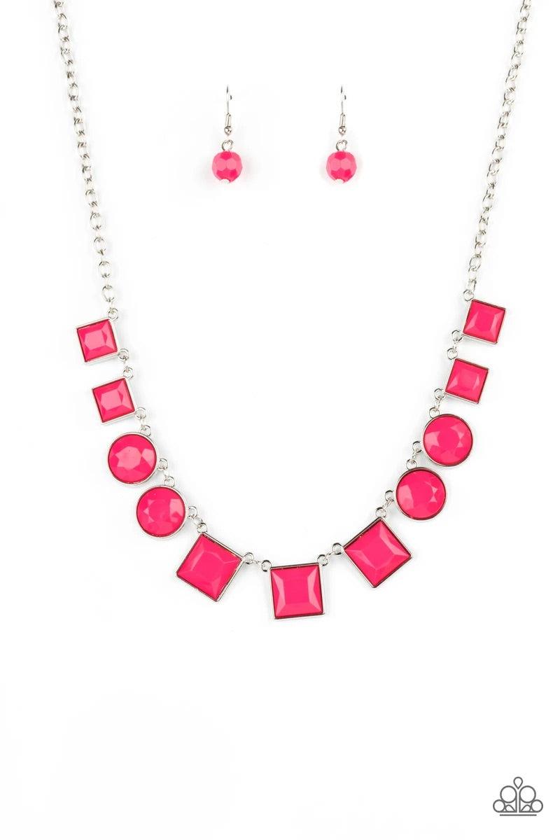 Paparazzi Accessories Tic Tac TREND - Pink Bright geometric square and round beads in the Pantone® of Raspberry Sorbet are pressed into simple silver frames to create a lively statement below the collar. Features an adjustable clasp closure. Sold as one i
