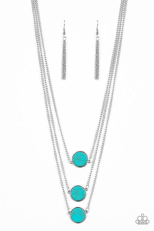 Paparazzi Accessories CEO Of Chic - Blue Three flat turquoise stones are pressed into sleek silver frames and layered below the collar for a chic finish. Features an adjustable clasp closure. Sold as one individual necklace. Includes one pair of matching