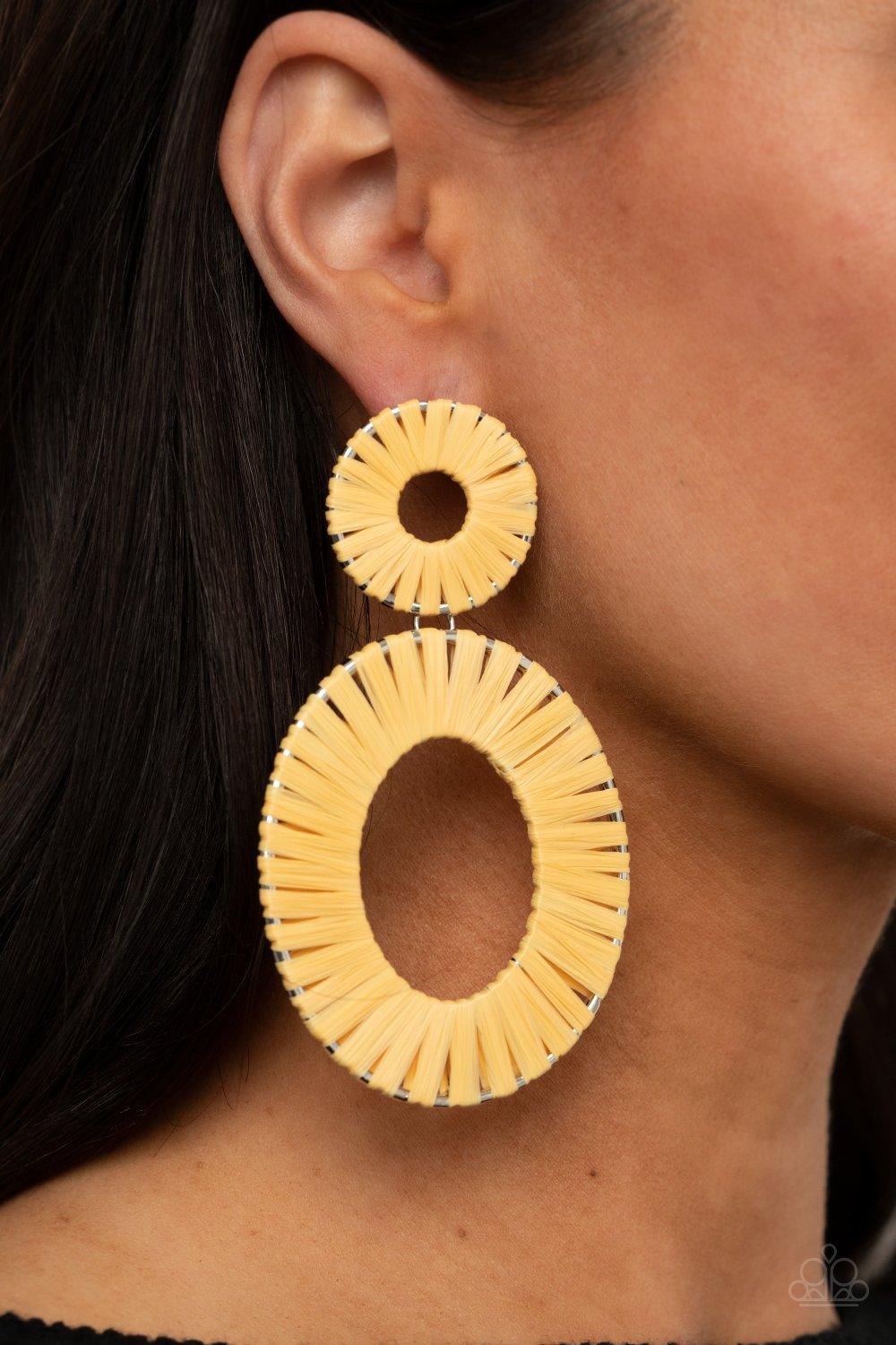 Paparazzi Accessories Foxy Flamenco - Yellow Wicker-like Marigold accents wrap around an oversized silver oval and dainty circular frame, linking into a colorful lure. Earring attaches to a standard post fitting. Sold as one pair of post earrings. Jewelry