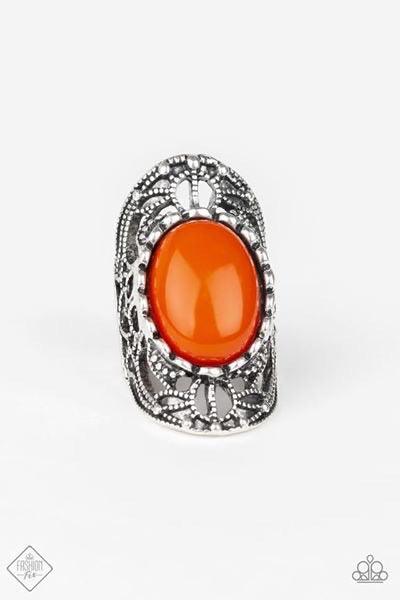Paparazzi Accessories Drama Dream - Orange An oversized orange bead is pressed into the center of an ornate silver frame studded with whimsical filigree for a dramatic look. Features a stretchy band for a flexible fit. Jewelry