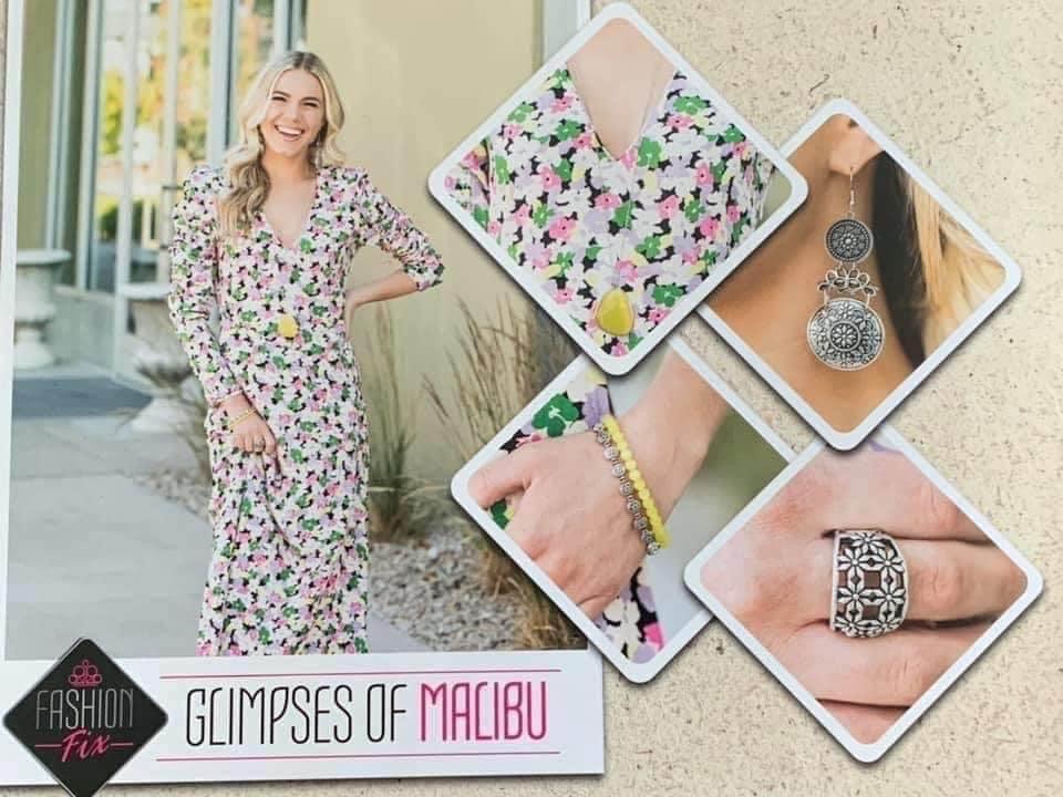 Paparazzi Accessories Glimpse of Malibu: FF August 2020 The Glimpses of Malibu collection was created with inspiration from the styles of Malibu, CA. Styles in this Trend Blend will feature fun, livable fashion with an upscale flavor. The color are usuall
