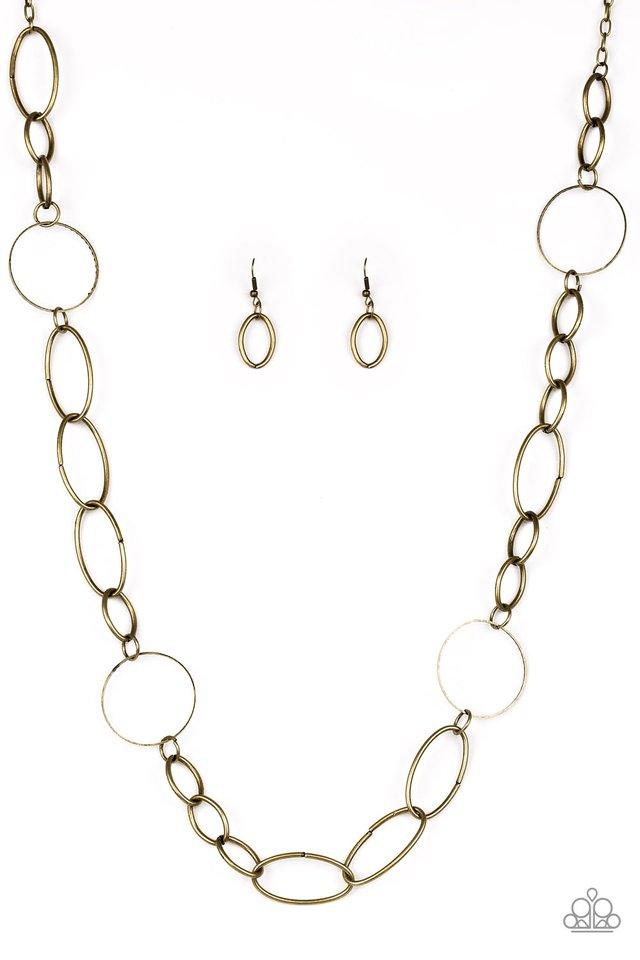 Paparazzi Accessories Perfect MISMATCH - Brass An array of smooth and textured brass hoops connect across the chest, creating a bold mismatched palette. Features an adjustable clasp closure. Sold as one individual necklace. Includes one pair of matching e