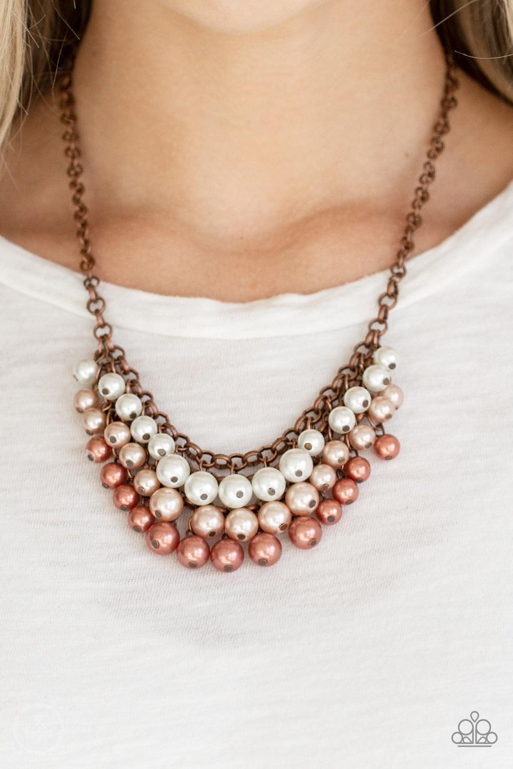 Paparazzi Accessories Run For The HEELS! - Copper Rows of white, brown, and copper pearls cascade below the collar, creating a glamorous fringe. Features an adjustable clasp closure. Sold as one individual necklace. Includes one pair of matching earrings.