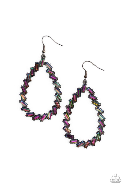 Paparazzi Accessories Striking RESPLENDENCE - Multi Featuring pronged gunmetal frames, a glittery collection of emerald cut oil spill rhinestones haphazardly stacks into an edgy teardrop for a gritty glamorous look. Earring attaches to a standard fishhook