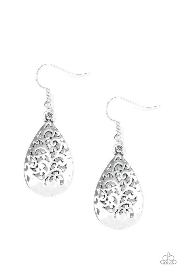 Paparazzi Accessories New Nouveau - Silver Brushed in an antiqued shimmer, delicately hammered filigree climbs a dainty silver teardrop for a whimsical look. Earring attaches to a standard fishhook fitting. Jewelry Sets