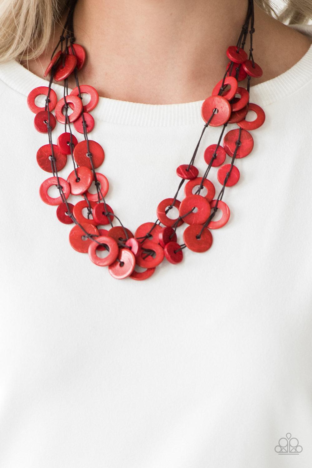 Paparazzi Accessories Wonderfully Walla Walla - Red Shiny brown cording knots around mismatched red wooden beads, creating vivacious layers. Features a button loop closure. Jewelry