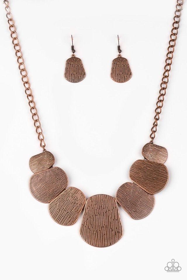 Paparazzi Accessories CAVE The Day - Copper Embossed in glistening linear textures, shimmery copper plates connect below the collar, creating a fierce fringe. Features an adjustable clasp closure. Sold as one individual necklace. Includes one pair of matc