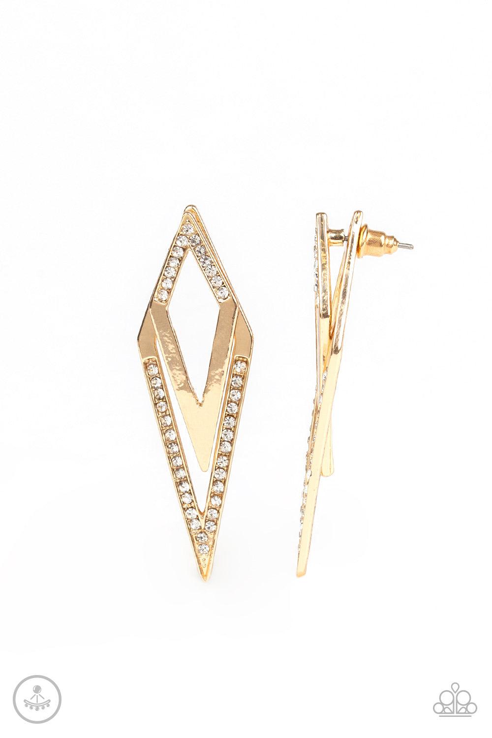Paparazzi Accessories Point-Bank - Gold Encrusted in sections of glassy white rhinestones, a gold kite-shaped frame attaches to a double-sided post, designed to fasten behind the ear. As if dipped in white rhinestones, a larger gold kite-shape peeks out b