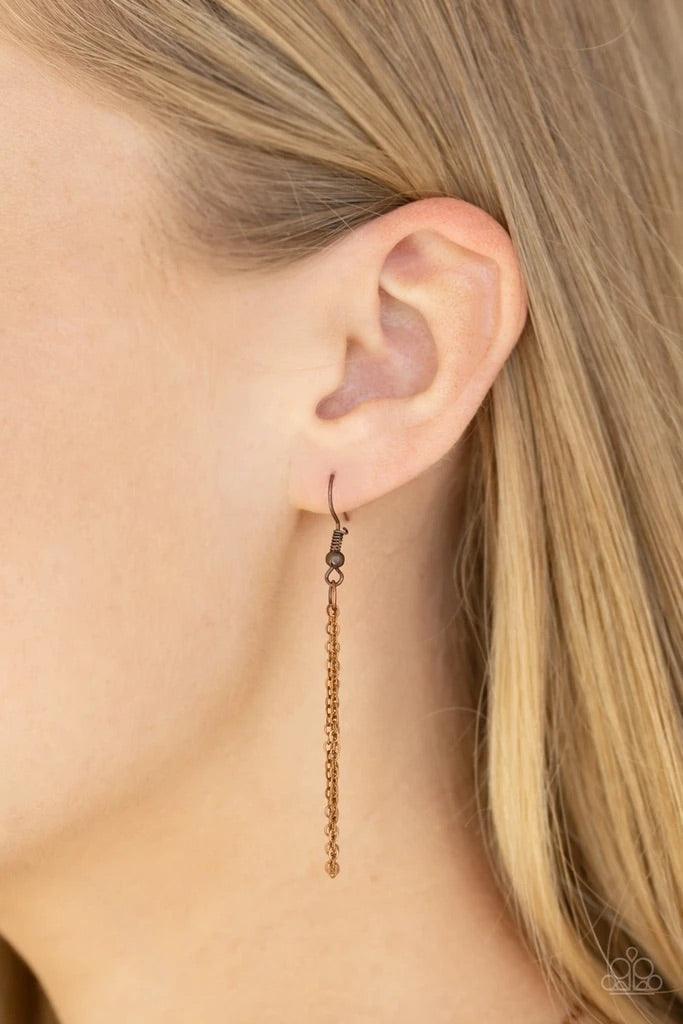 Paparazzi Accessories Totally Tasseled - Copper Radiating with glistening copper textures, a rectangular frame gives way to a dainty copper chain tassel for a seasonal look. Features an adjustable clasp closure. Sold as one individual necklace. Includes o
