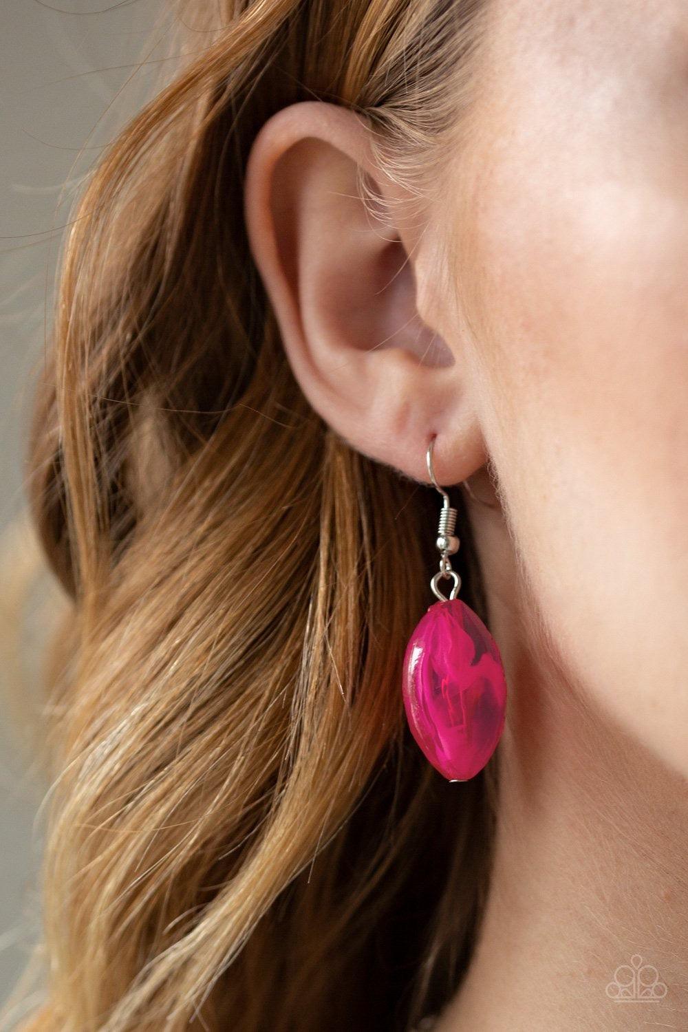 Paparazzi Accessories Beachfront Beauty - Pink Featuring an opaque finish, glassy pink beads join hammered silver frames along a shimmery silver chain, creating a colorful collision across the chest. Features an adjustable clasp closure. Jewelry