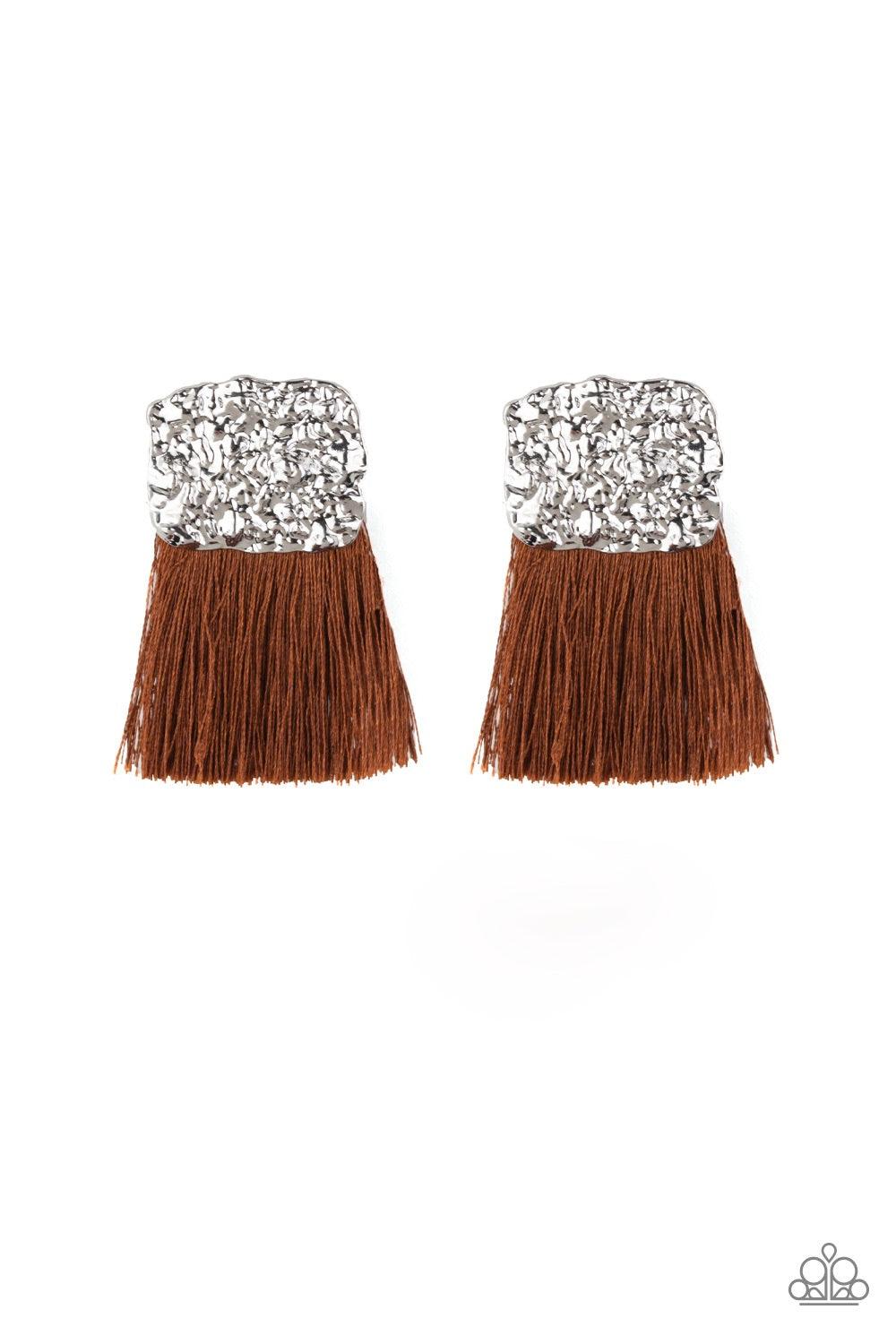 Paparazzi Accessories Plume Bloom - Brown A plume of shiny brown thread streams from the bottom of a hammered silver frame, creating a bold tasseled look. Earring attaches to a standard post fitting. Jewelry