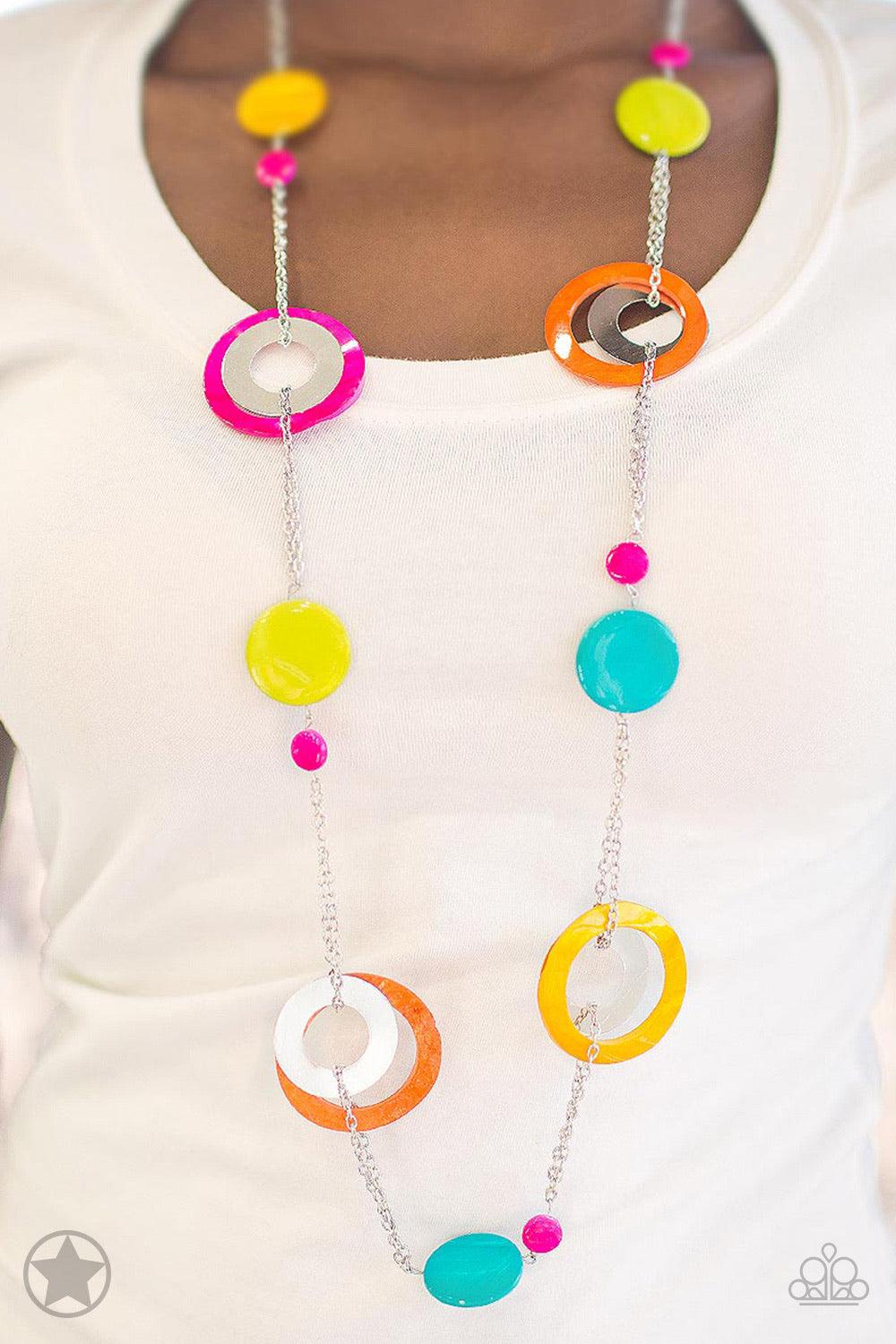 Paparazzi Accessories Kaleidoscopically Captivating - Multi Chunky brightly-colored rings and discs with swirly marble finishes join thick metal hoops to climb a simple silver chain and create a retro-inspired feel. Features an adjustable clasp closure. J