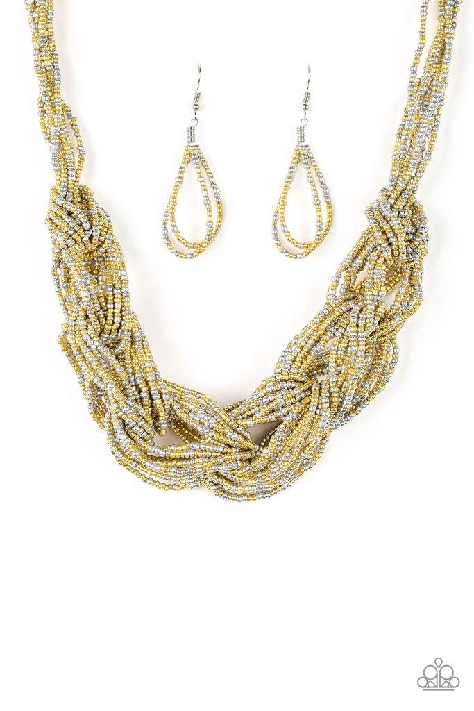 Paparazzi Accessories City Catwalk - Gold Brushed in a flashy finish, countless strands of gold and silver seed beads weave into a bulky square braid below the collar for a glamorous look. Features an adjustable clasp closure. Sold as one individual neckl