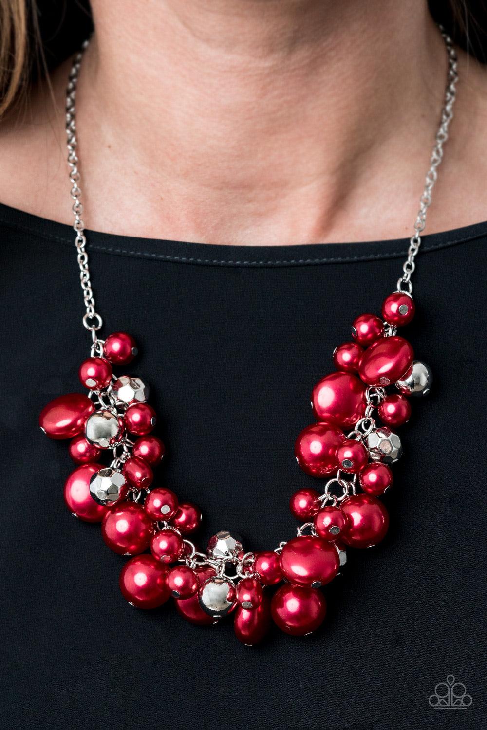 Paparazzi Accessories Battle of the Bombshells - Red Sprinkled with faceted and shiny silver beaded accents, a bubbly collection of round, oval, and flat red pearls cluster below the collar for a statement-making finish. Features an adjustable clasp closu
