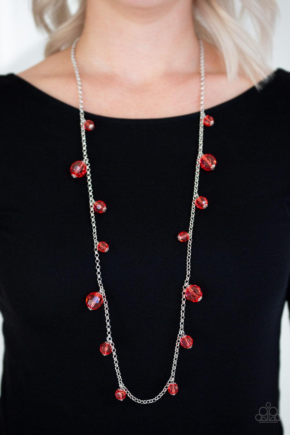Paparazzi Accessories Glow-Rider - Red Hammered in an array of mismatched textures, three asymmetrical hoops join into an abstract pendant at the bottom of a lengthened brass chain for a handcrafted look. Features an adjustable clasp closure. Sold as one