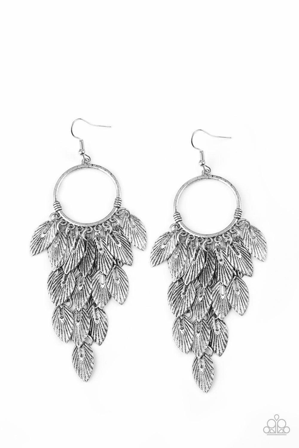 Paparazzi Accessories Feather Frenzy - Silver Brushed in an antiqued shimmer, lifelike silver feathers stream from the bottom of a glistening silver hoop, coalescing into a whimsical fringe. Earring attaches to a standard fishhook fitting. Jewelry