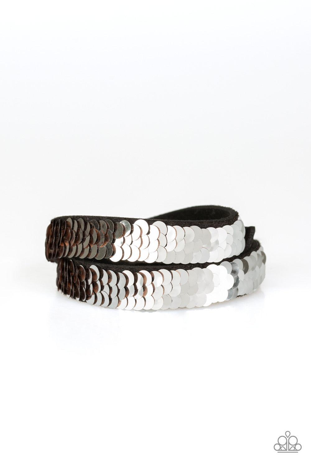 Paparazzi Accessories Under the SEQUINS - Rose Gold Row after row of shimmery sequins are stitched across the front of a lengthened black suede band. The elongated band allows for a trendy double wrap design. Bracelet features reversible sequins that chan