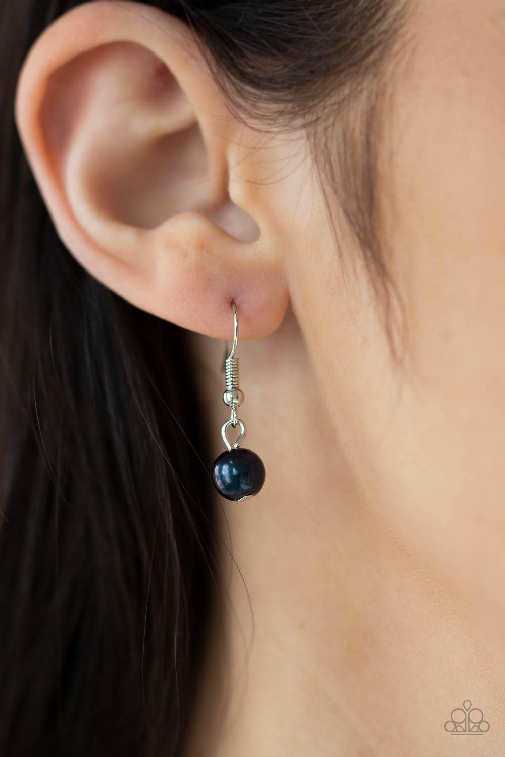 Paparazzi Accessories Ante UPSCALE - Blue Oversized bent silver hoops accented with Montana Blue pearl charms link together for a refined upscale design. A set of mismatched chains at the end of the lengthened necklace adds balance. Features an adjustable
