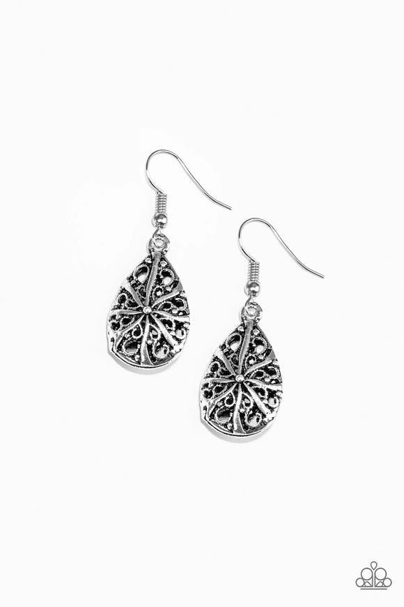 Paparazzi Accessories Western Wisteria ~Silver Brushed in an antiqued finish, shimmery silver filigree joins into a dainty teardrop frame for a whimsical look. Earring attaches to a standard fishhook fitting. Sold as one pair of earrings.