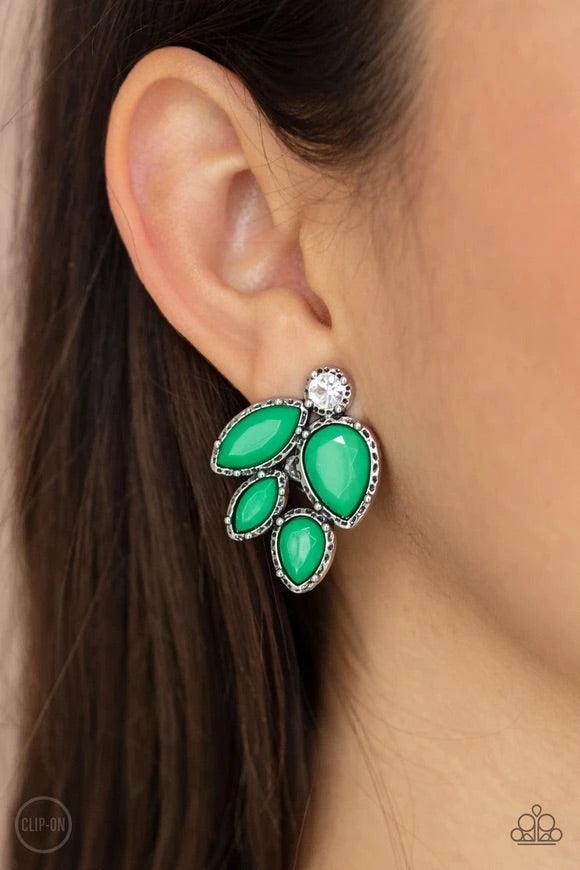 Paparazzi Accessories Fancy Foliage - Green. *Clip-On Featuring a dainty white rhinestone, faceted Mint teardrop and marquise beads are pressed into hammered silver fittings that coalesce into a leafy frame. Earring attaches to a standard clip-on fitting.