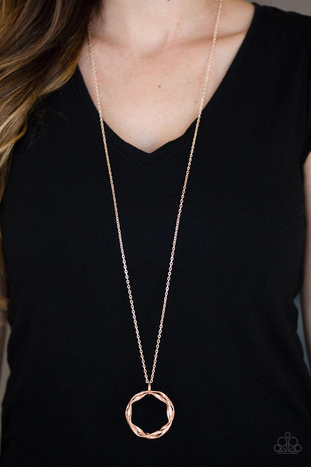 Paparazzi Accessories Millennial Minimalist - Copper Twirling shiny copper hoops swing from the bottom of an elegantly elongated shiny copper chain, creating a dizzying pendant. Features an adjustable clasp closure. Sold as one individual necklace. Includ