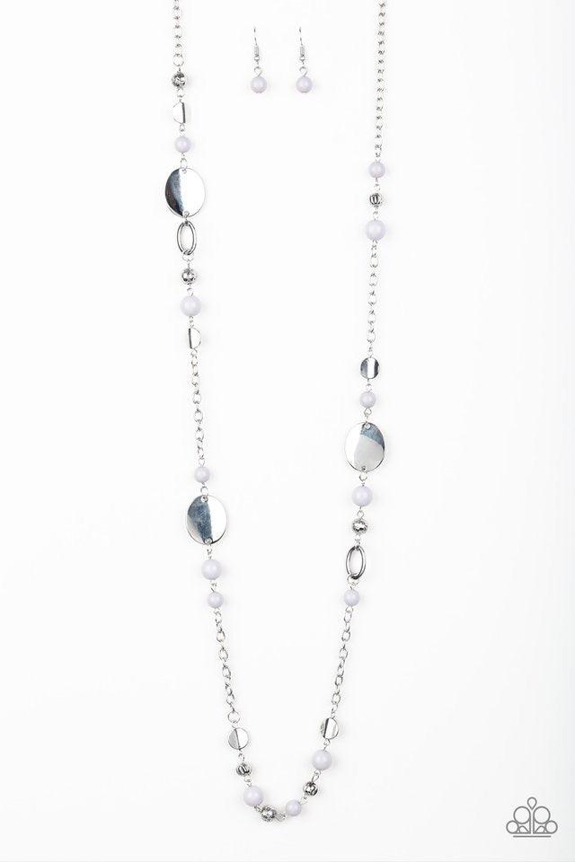 Paparazzi Accessories Serenely Springtime None - Silver An array of polished gray beads, silver discs, and ornate silver accents trickles along a shimmery silver chain for a whimsical look. Features an adjustable clasp closure. Sold as one individual neck