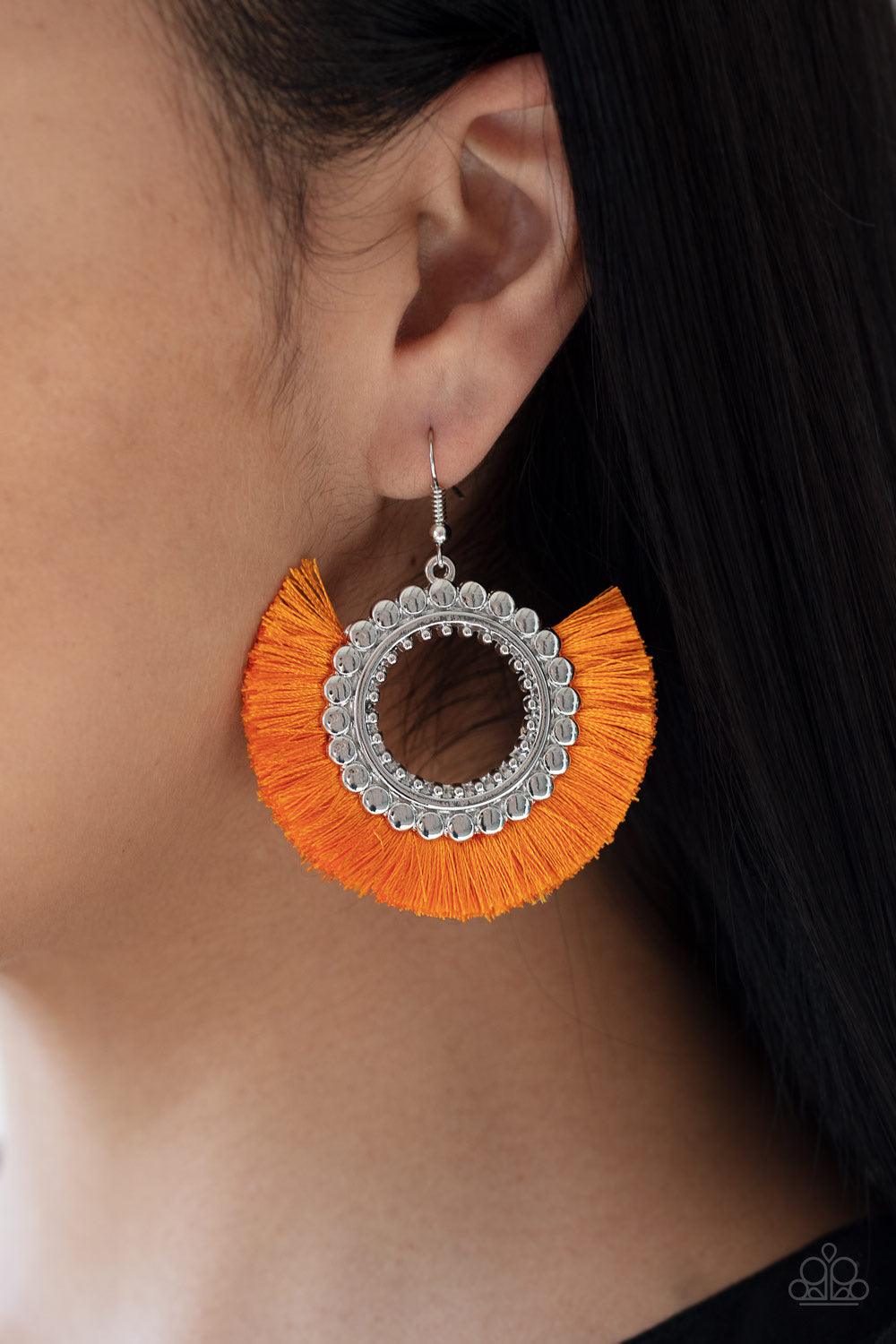 Paparazzi Accessories Fringe Fanatic - Orange Neon orange thread flares out from the bottom of a bubbly silver hoop, creating a vivacious fringe. Earring attaches to a standard fishhook fitting. Jewelry