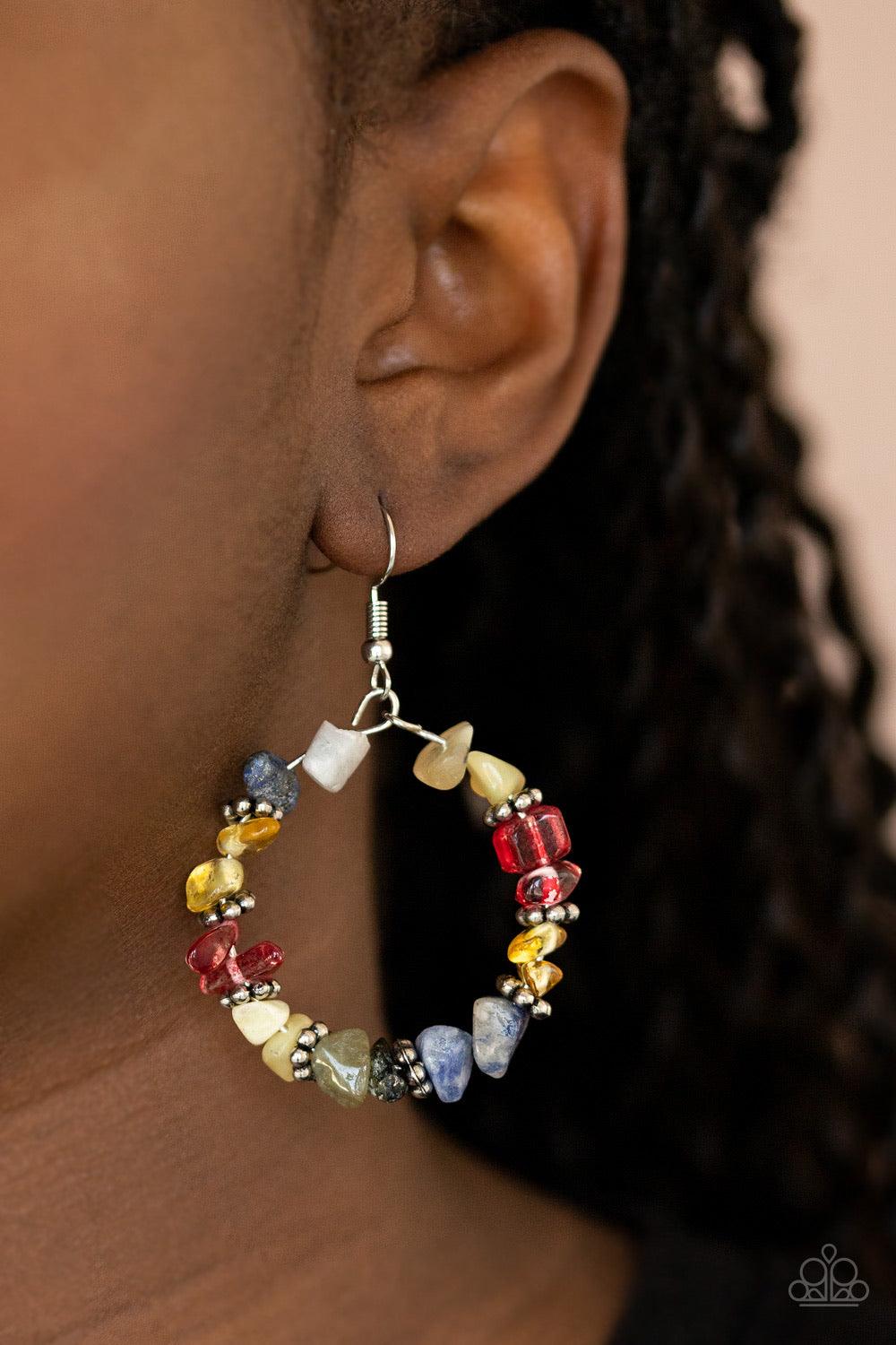 Paparazzi Accessories Going For Grounded - Multi Bits of multicolored rock and studded silver rings are threaded along a dainty wire, creating an earthy hoop. Earring attaches to a standard fishhook fitting. Sold as one pair of earrings. Jewelry