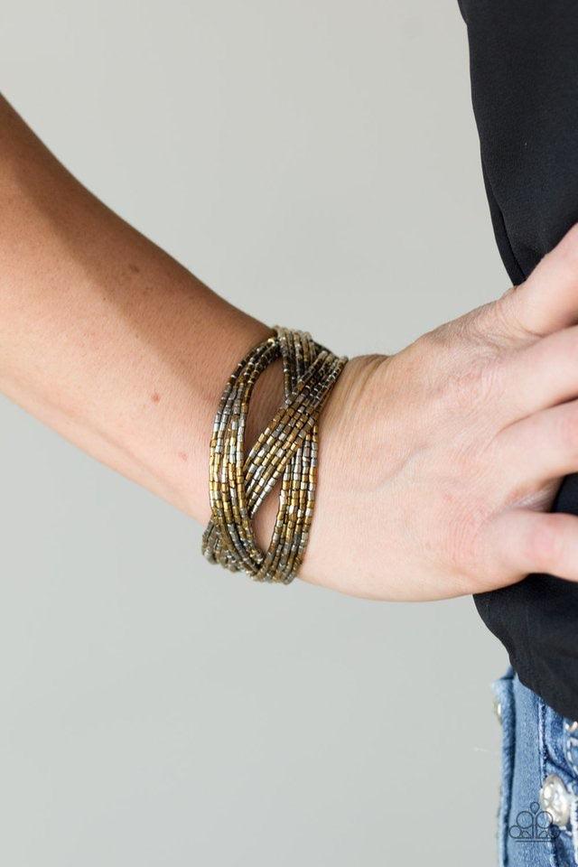 Paparazzi Accessories Shooting Stars - Multi Layers of brass and gunmetal seed beads are braided together to create a breathtaking cuff design that shimmers brilliantly along the wrist. Sold as one individual bracelet. Jewelry