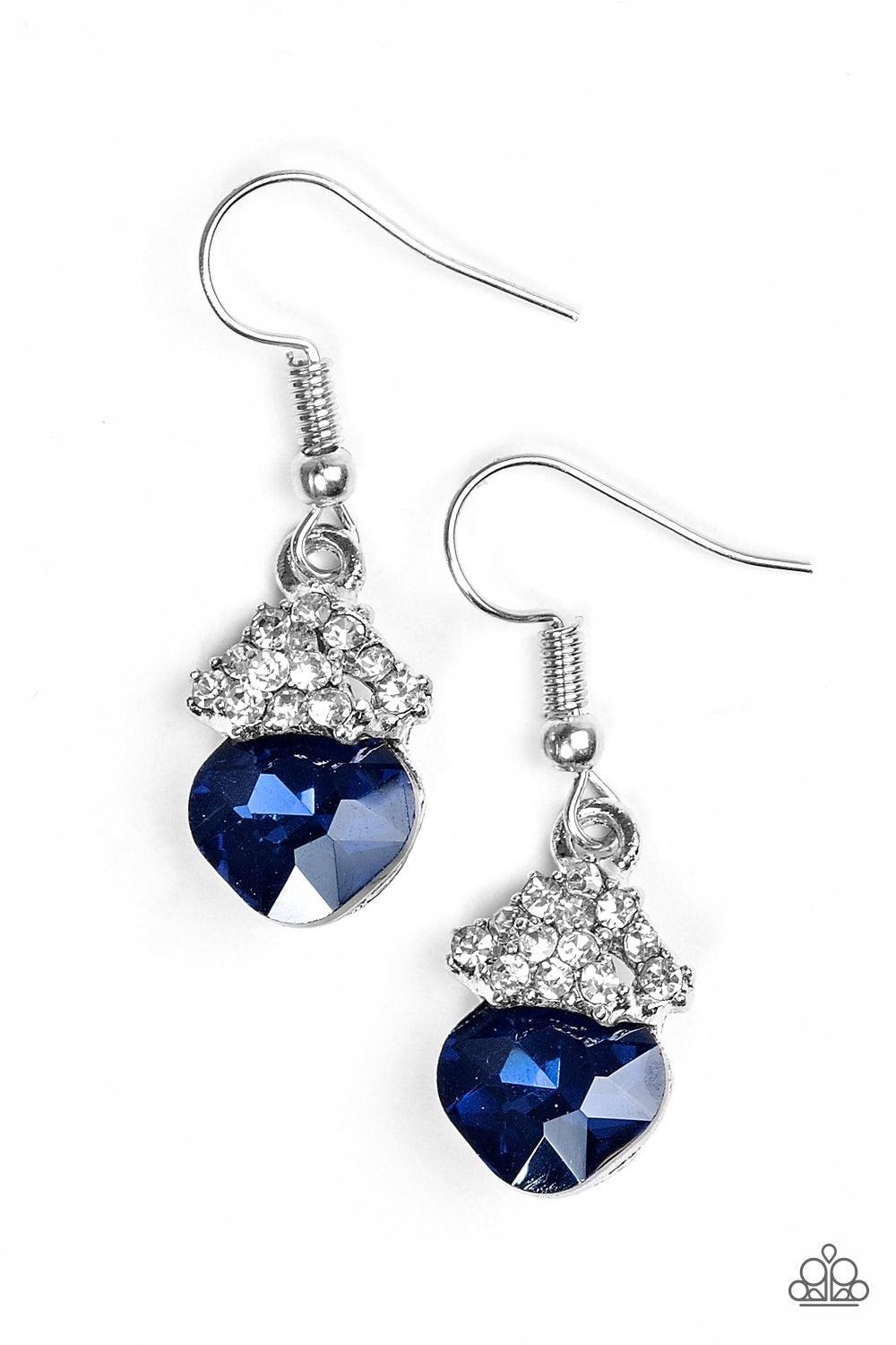 Paparazzi Accessories The Show Must GLOW On! - Blue Encrusted in glittery white rhinestones, shimmery silver frames stack atop a faceted blue gem for a dramatic look. Earring attaches to a standard fishhook fitting. Jewelry
