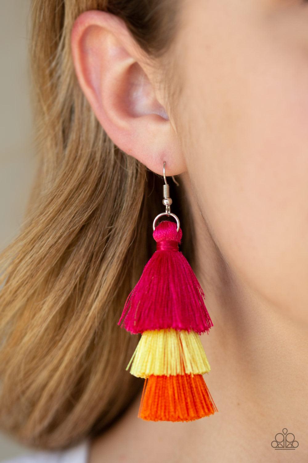 Paparazzi Accessories Hold On Your Tassel! ~Multi Featuring pink, yellow, and orange thread, a 3-tiered tassel swings from the ear for a flirtatious look. Earring attaches to a standard fishhook fitting.