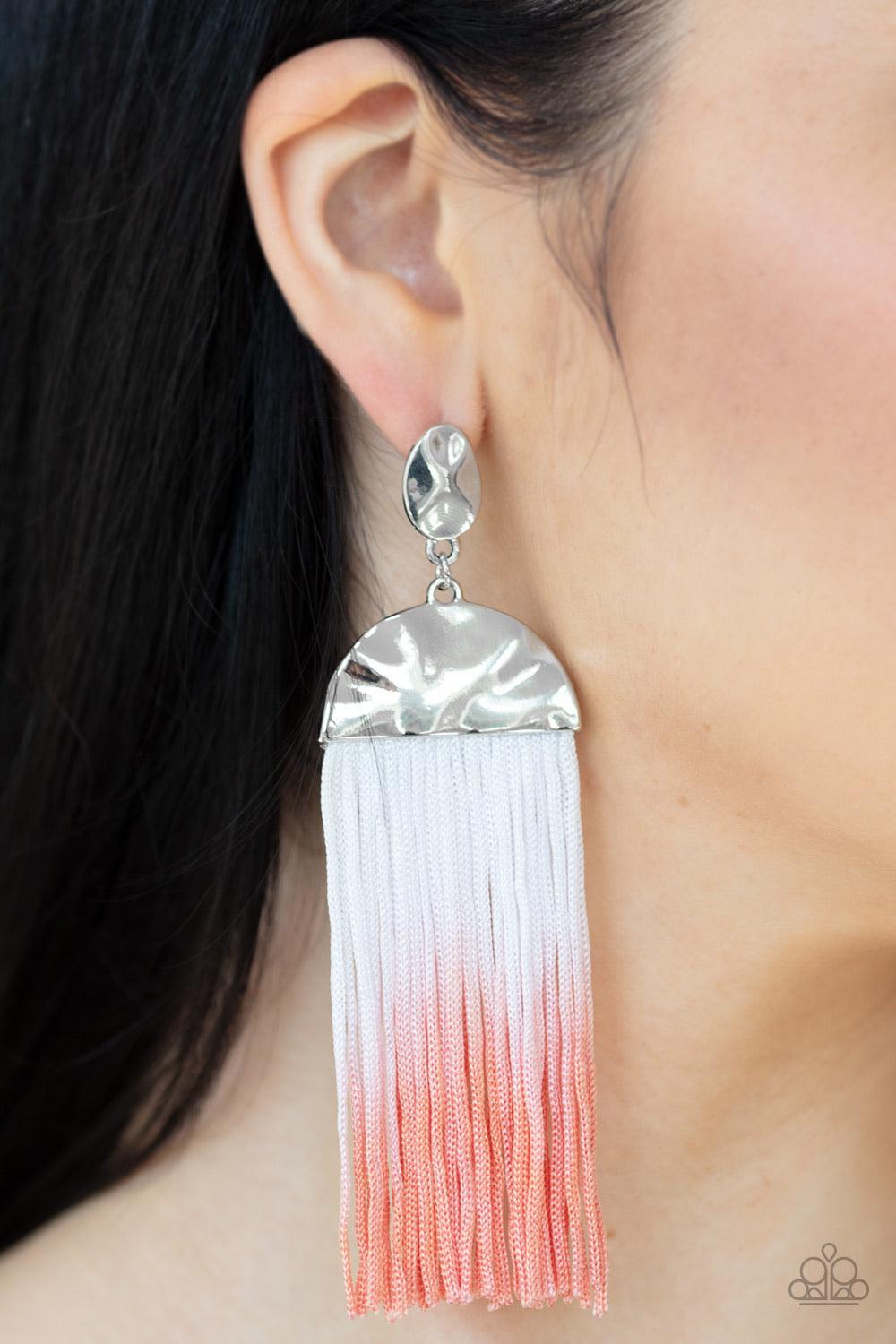 Paparazzi Accessories Rope Them In - Orange Rope-like tassels gradually fade from white to coral as they swing from the bottom of stacked hammered silver frames, creating a colorful fringe. Earring attaches to a standard post fitting. Sold as one pair of