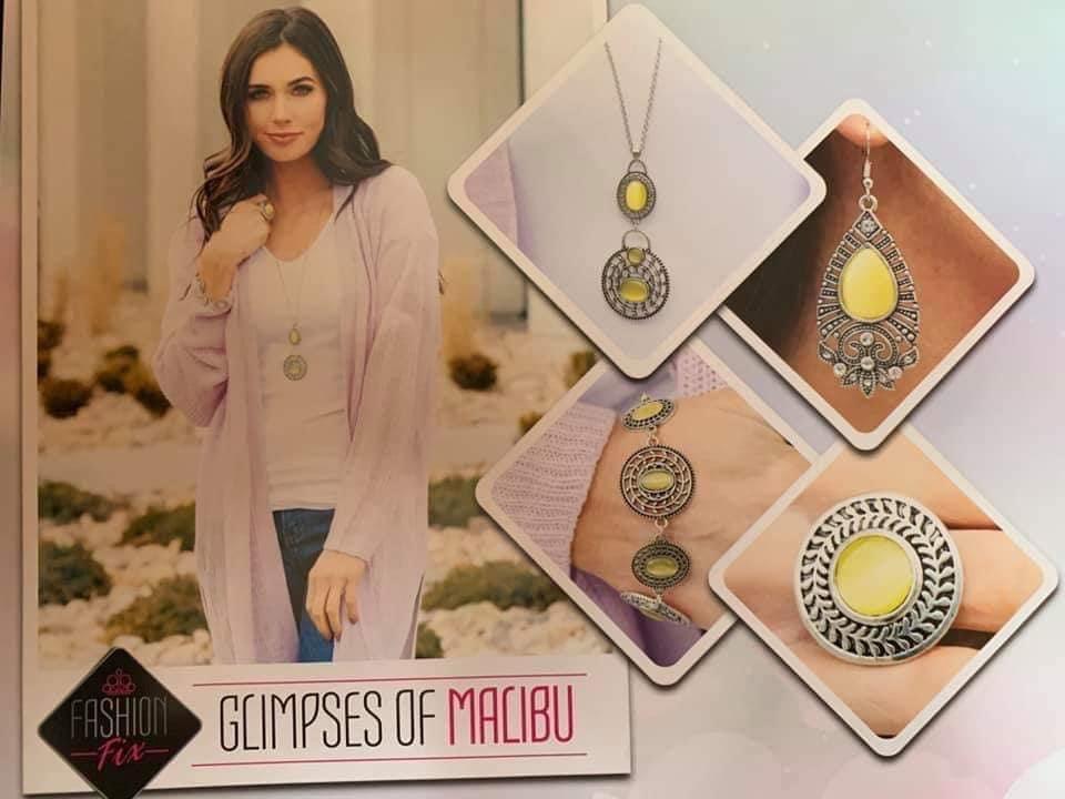 Paparazzi Accessories Glimpse of Malibu: FF April 2019 The Glimpses of Malibu collection was created with inspiration from the styles of Malibu, CA. Styles in this Trend Blend will feature fun, livable fashion with an upscale flavor. The color are usually