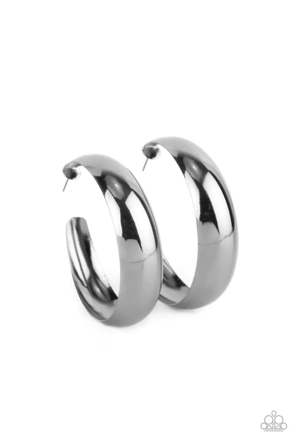 Paparazzi Accessories Flat Out Flawless - Black An oversized flat gunmetal hoop curls around the ear for a fabulously flawless fashion. Earring attaches to a standard post fitting. Hoop measures approximately 2" in diameter. Sold as one pair of hoop earri