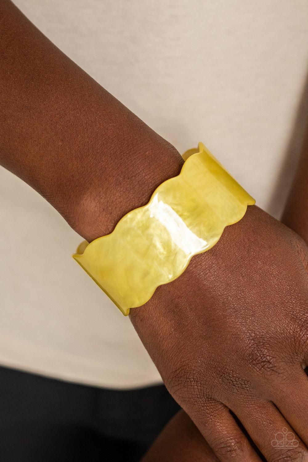 Paparazzi Accessories Retro Ruffle - Yellow Flecked in shimmer, a scalloped yellow acrylic cuff waves across the wrist for a colorfully retro look. Jewelry