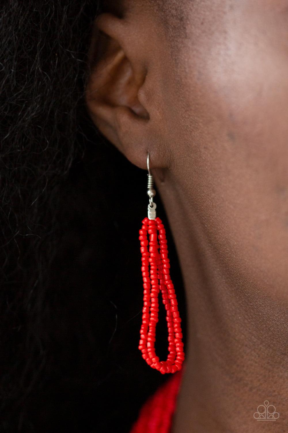 Paparazzi Accessories Right As RAINFOREST ~Red Countless layers of fiery red seed beads drape below the collar. Additional strands of red seed beads wrap around the center of the layers, creating two bulky rows for a seasonal flair. Features an adjustable