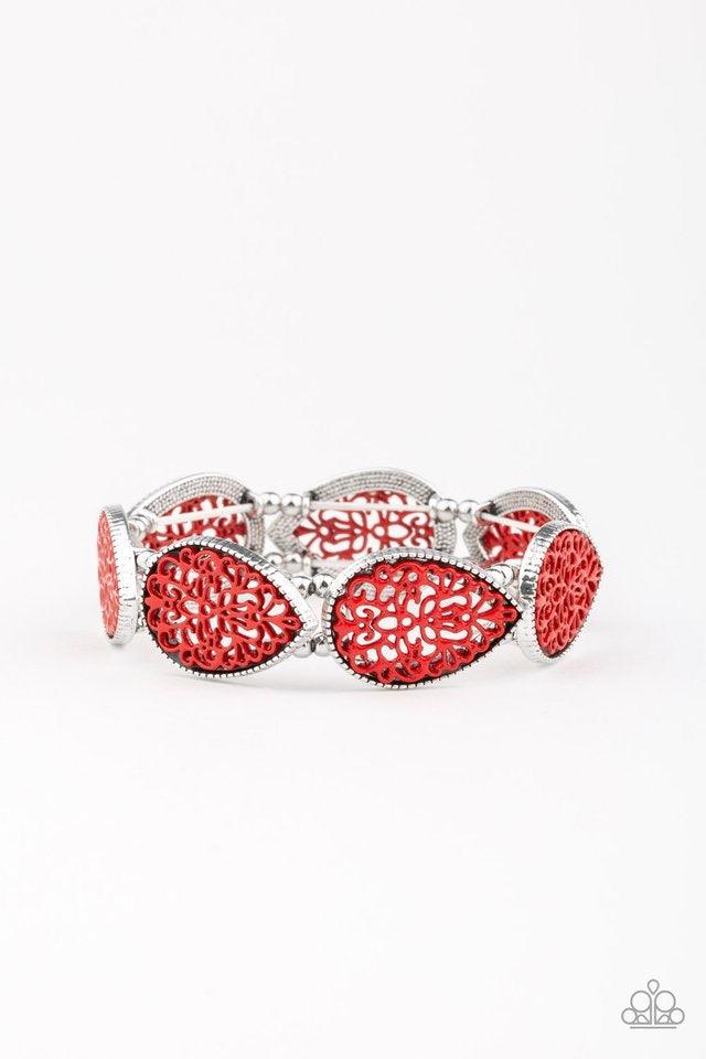 Paparazzi Accessories Heirloom Hunter - Red Painted in a shiny red finish, filigree filled teardrop frames and shiny silver beads are delicately threaded along a stretchy band around the wrist for a vintage inspired look. Jewelry