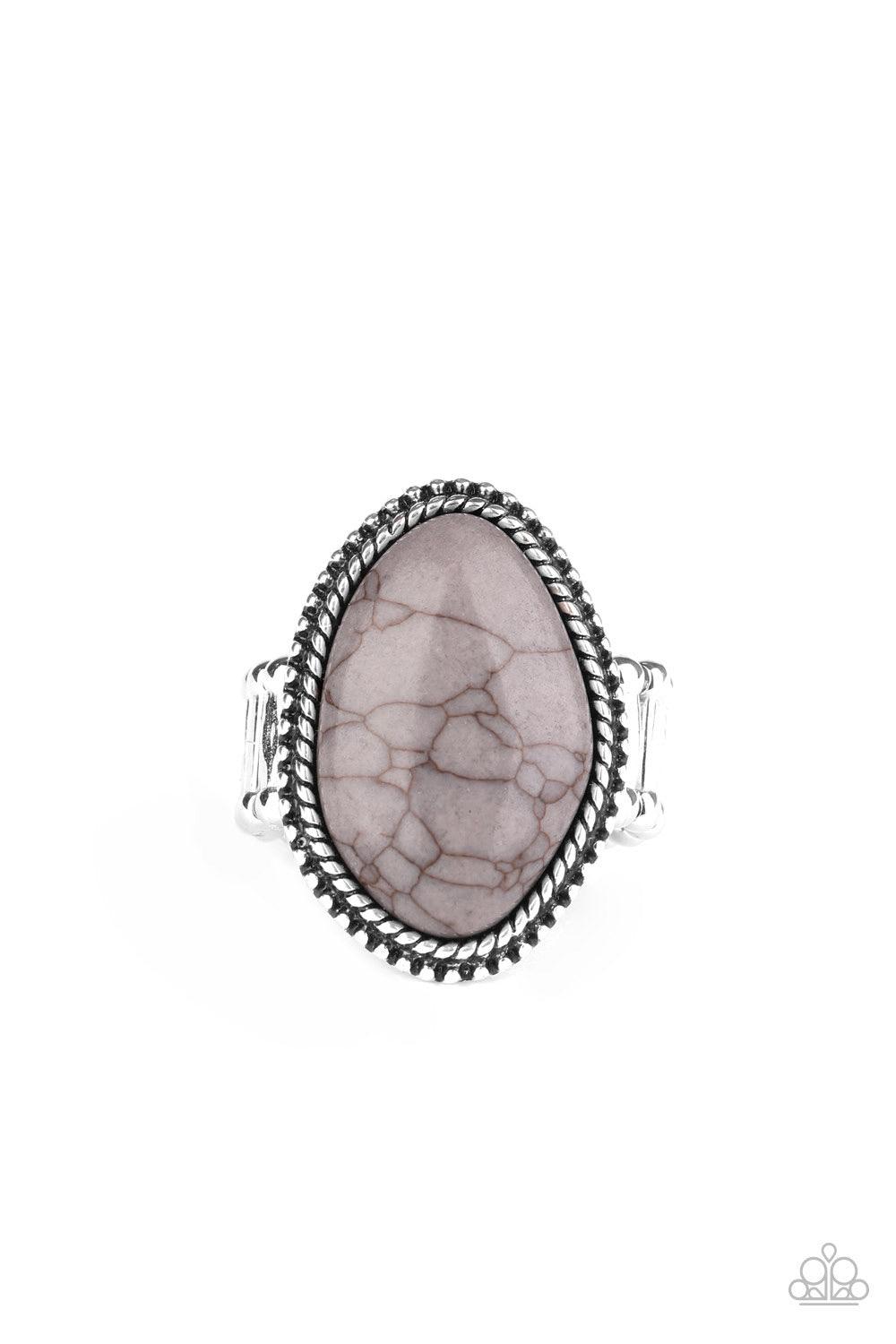 Paparazzi Accessories Stone Samba - Silver A smooth gray stone is pressed into a studded silver frame with asymmetrical borders. Features a stretchy band for a flexible fit. Sold as one individual ring. Jewelry