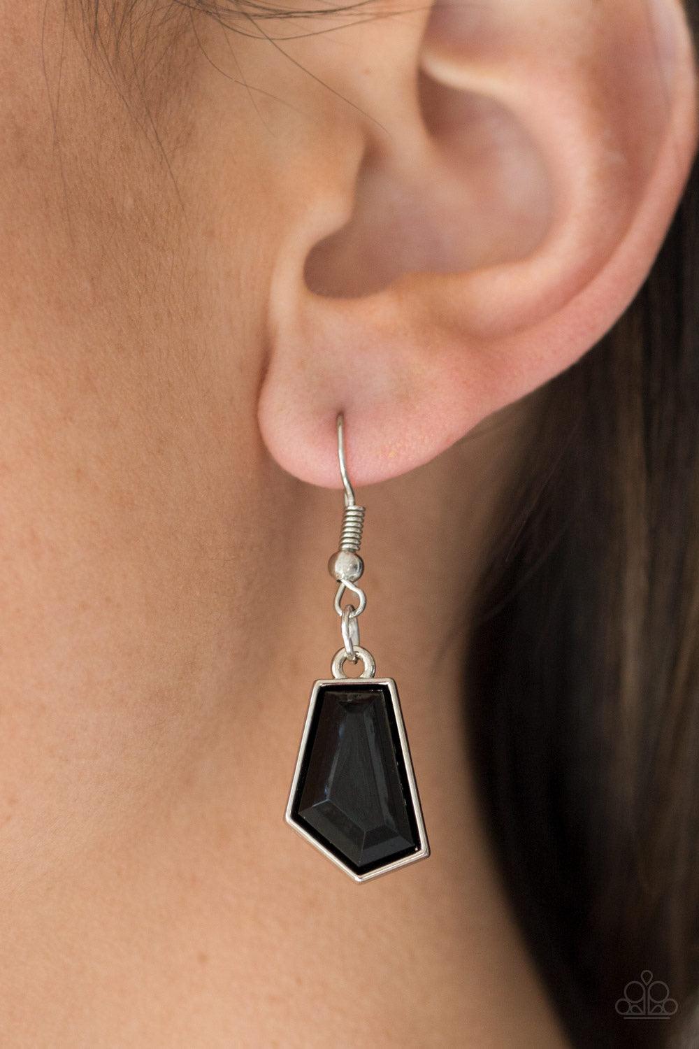 Paparazzi Accessories Get Up and Geo - Black Featuring emerald-style cuts, faceted black beads are pressed into sleek silver frames. The colorful frames join at the bottom of a shimmery silver chain, creating a bold geometric fringe below the collar. Feat