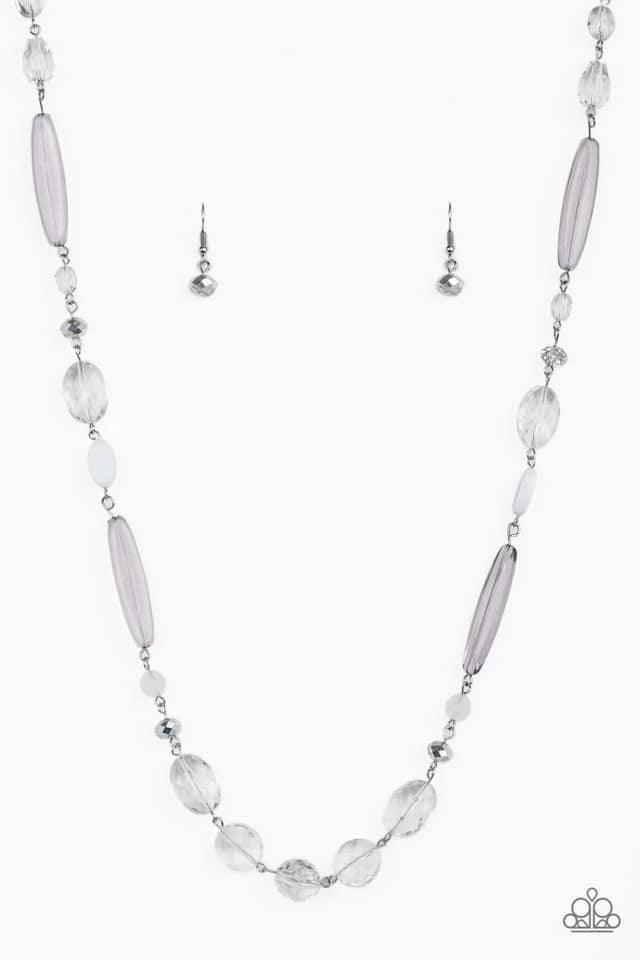 Paparazzi Accessories Quite Quintessence - White Varying in shape and shimmer, faceted white and metallic crystal-like beads trickle down the chest for a whimsical look. Features an adjustable clasp closure. Sold as one individual necklace. Includes one p
